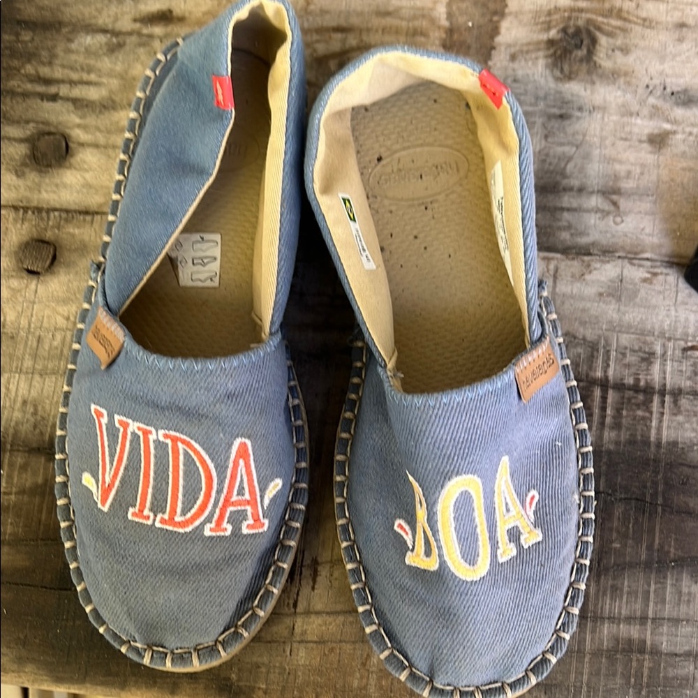 Blue Espadrilles with Embroidered Text
